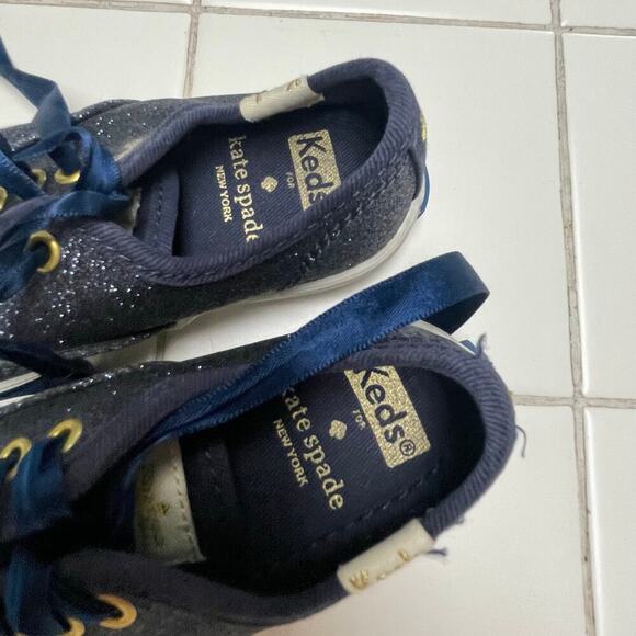 Keds Kate Spade Champion Blue Navy Glitter Sneakers Satin Laces Girls Size 7 - Picture 4 of 6